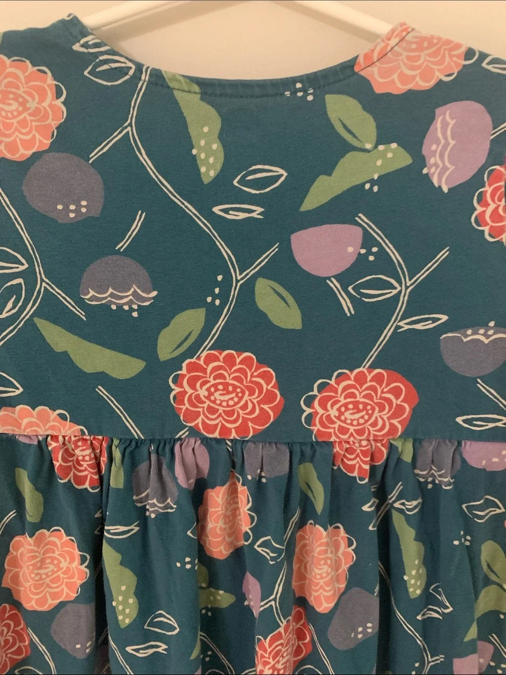 Tea Collection Long Sleeve Floral Empire Waist Cotton Dress Teal Pink Size 7